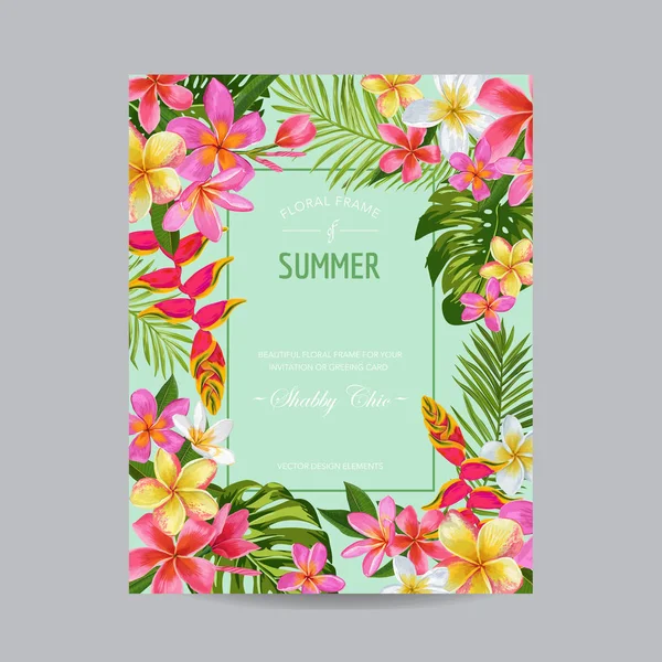 Virágzó nyári virágos keretű, plakát, transzparens. Trópusi virágok kártya meghívó, üdvözlet, esküvő, baba zuhany. Vektoros illusztráció — Stock Vector