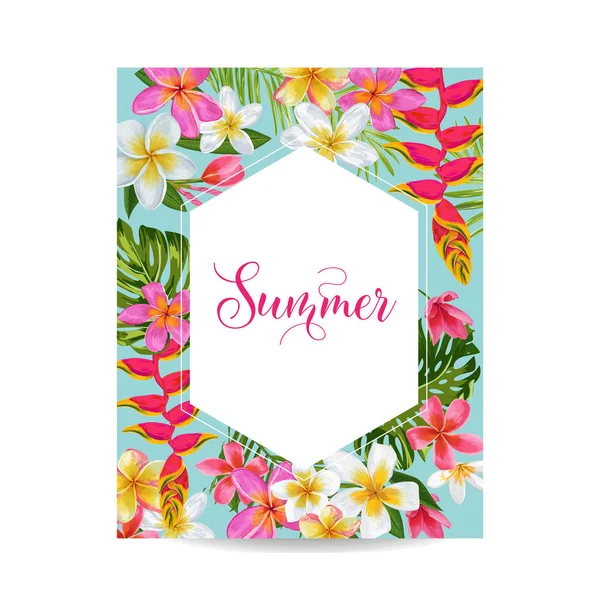 Blooming Summer Floral Frame, Cartaz, Banner. Tropical Flowers Card para Convite, Saudações, Casamento, Chuveiro do bebê. Ilustração vetorial — Vetor de Stock