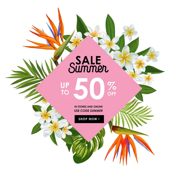 Banner tropical de venda de verão. Promoção sazonal com flores exóticas e folhas de palma. Design de modelo de desconto floral para pôster, panfleto, certificado de presente. Ilustração vetorial — Vetor de Stock