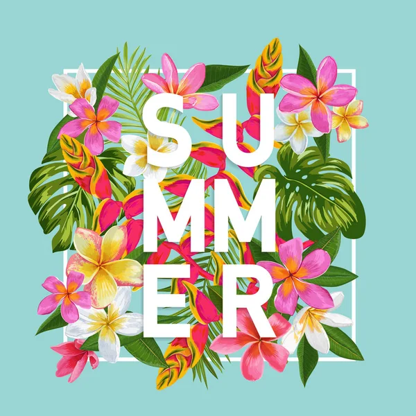 Olá Summer Floral Poster. Design de flores exóticas tropicais para banner, panfleto, folheto, impressão de tecido. Summertime Watercolor Background. Ilustração vetorial — Vetor de Stock