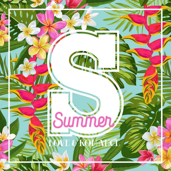 Olá Summer Floral Poster. Design de flores exóticas tropicais para banner, panfleto, folheto, impressão de tecido. Summertime Watercolor Background. Ilustração vetorial — Vetor de Stock