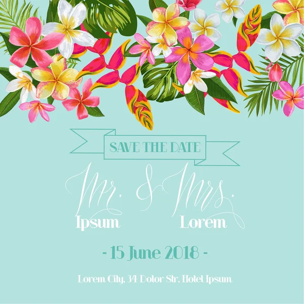 Modelo de convite de casamento com flores de plumeria. Tropical Floral Save the Date Card. Flor exótica Design romântico para cartões postais, aniversário, aniversário. Ilustração vetorial — Vetor de Stock