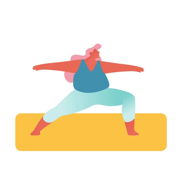 A menina gorda no desgaste do esporte envolve a aptidão ou a atividade do Yoga isolada no fundo branco. Excesso de peso Mulher Esporte saudável —  Vetores de Stock