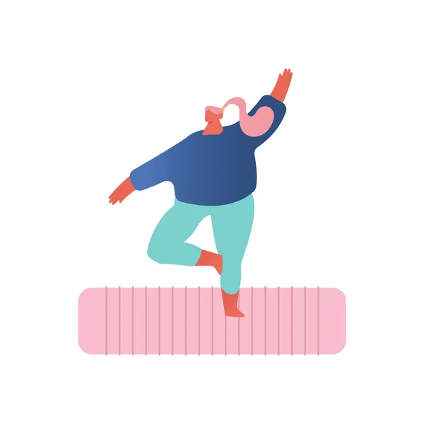 Практика йоги. Избыточный вес девушка в спорте носить стоя на коврик заниматься фитнесом или йогой на белом фоне — стоковый вектор