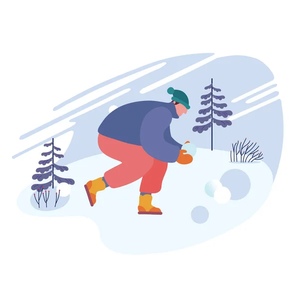 Happy Man Het maken van sneeuwballen van sneeuw Lachen en genieten van winterseizoen vakantie. Jonge mannelijke karakter Fooling — Stockvector