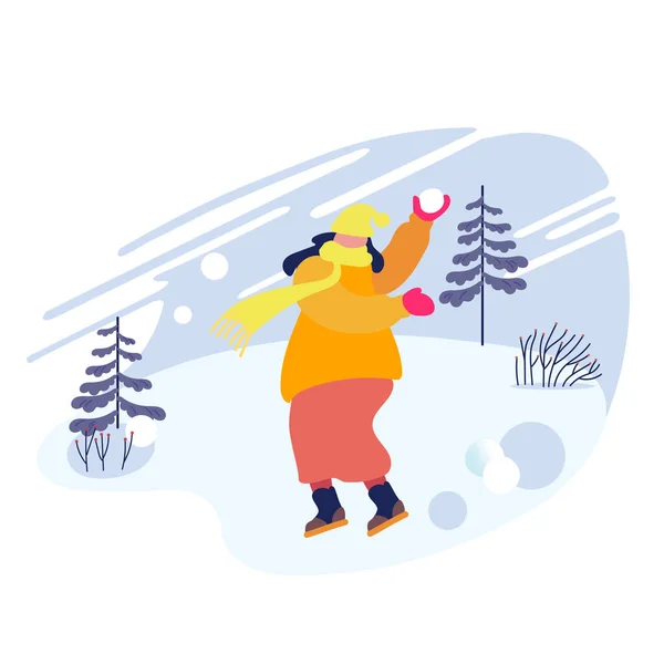 Feliz mujer alegre en ropa abrigada lanzando bola de nieve jugando en fondo de paisaje nevado. Temporada de invierno Diversión — Vector de stock