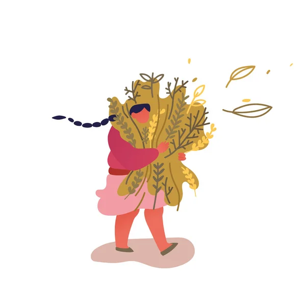 La joven mujer feliz lleva un enorme manojo de hierbas médicas o comestibles aisladas sobre fondo blanco. Condimento y especias — Archivo Imágenes Vectoriales
