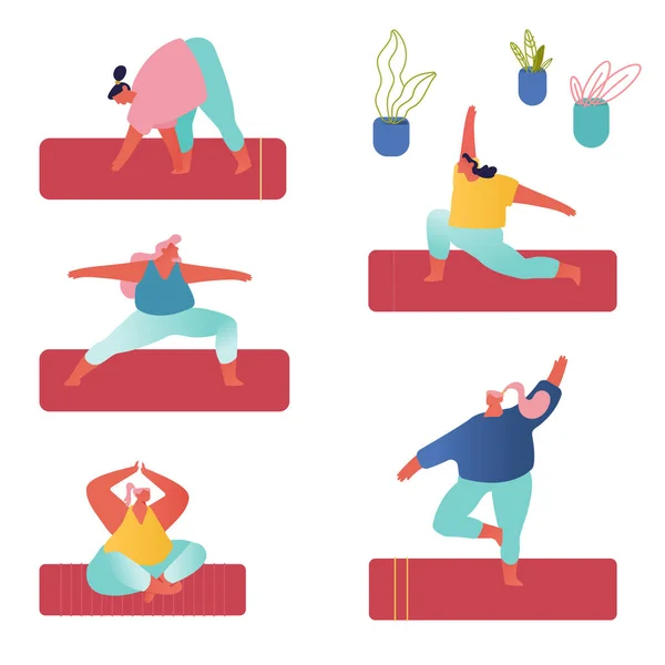 Az emberek jóga készletet gyakorolnak. Jógi Nők Csoportja jógagyakorlatokat végez matracokon a stúdióban. Fitness, sport Egészséges életmód — Stock Vector