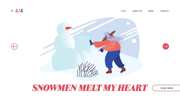 Página de aterrizaje del sitio web de Snowballs Battle. Mujer jugando bolas de nieve Lucha en el paisaje de invierno nevado al aire libre — Vector de stock