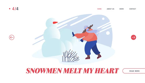 Schneeballschlacht Website Zielseite. Schneeballschlacht in verschneiter Winterlandschaft im Freien — Stockvektor