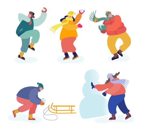 Christmas Holidays Activities Set. Snowballs Battle between Friends Teams. Happy Young People Company in Warm Clothes — Stock Illustration Christmas Holidays Activities Set. Snowballs Battle between Friends Teams. Happy Young People Company in Warm Clothes Vector Graphics