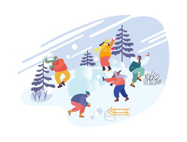 Noel tatili etkinliği. Arkadaş Takımları Arasındaki Kartopu Savaşı. Sıcak giysiler içinde Mutlu Genç İnsanlar Şirketi