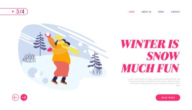 Winter Season Fun ve Outdoor Leisure Web Sitesi İniş Sayfası. Mutlu Kadın Kartopu Oynuyor