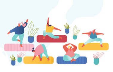 Kadın Karakterler Yoga Sınıfı ve Spor Faaliyetleri Seti. Yogi kadınları spor yapıyor, spor yapıyor, spor yapıyor.