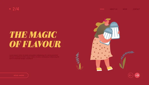Веб-сайт для приготування їжі та спецій Landing Page Товста жінка тримає пару величезних соляних шейкерів — стоковий вектор