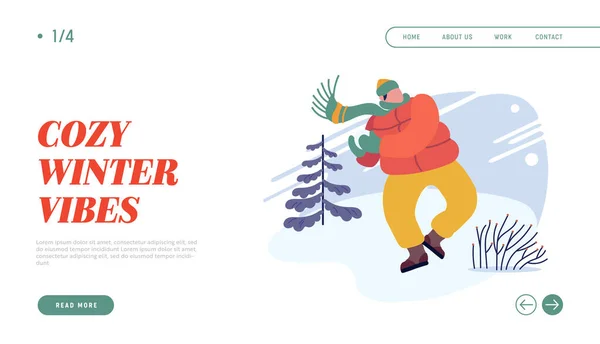 Página de aterrizaje del sitio web de actividades navideñas. Joven con ropa abrigada jugando bolas de nieve en la calle — Archivo Imágenes Vectoriales