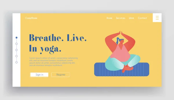 Pagina di destinazione del sito web di pratica della lezione di yoga. Donna che medita seduta in posizione di loto. Stile di vita sano, Relax — Vettoriale Stock
