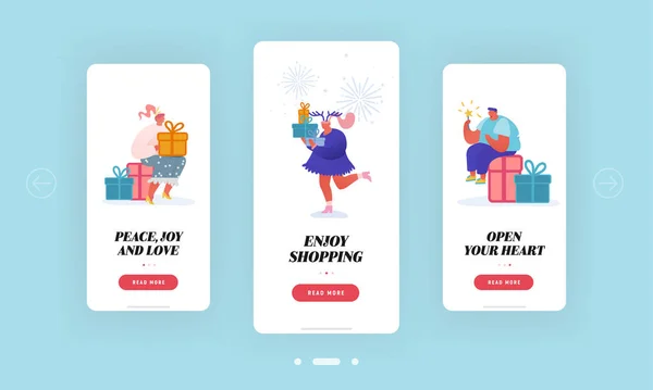 Boże Narodzenie noworoczne prezenty, Zakupy Mobile App Page pokładowy zestaw ekranu. Szczęśliwi ludzie z pudełkami prezentów — Wektor stockowy