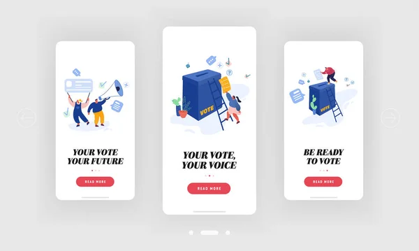 Campaña de Elecciones de Votación y Votación Página de Aplicación Móvil Conjunto de Pantalla a bordo. Grupo de personas poniendo papel en las urnas — Vector de stock