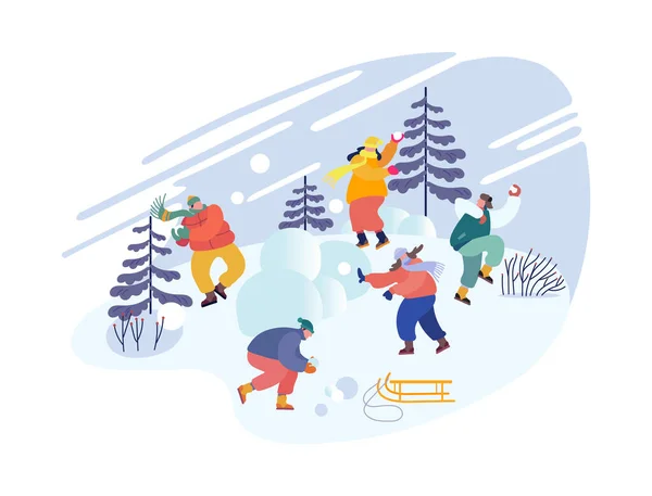 Christmas Holidays Activity. Snowballs Battle between Friends Teams. Happy Young People Company in Warm Clothes — Stock Illustration Christmas Holidays Activity. Snowballs Battle between Friends Teams. Happy Young People Company in Warm Clothes Vector Graphics