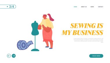 Kadın Terzi Master dikiş dikme sitesi İniş Sayfası. Kıyafet ya da Moda Tasarımcısı Manken Üzerine Giysi Projeksiyonu. Meslek, Yaratıcı Meslek Web Sayfası Çizgi Film Düz Vektör İllüstrasyonu
