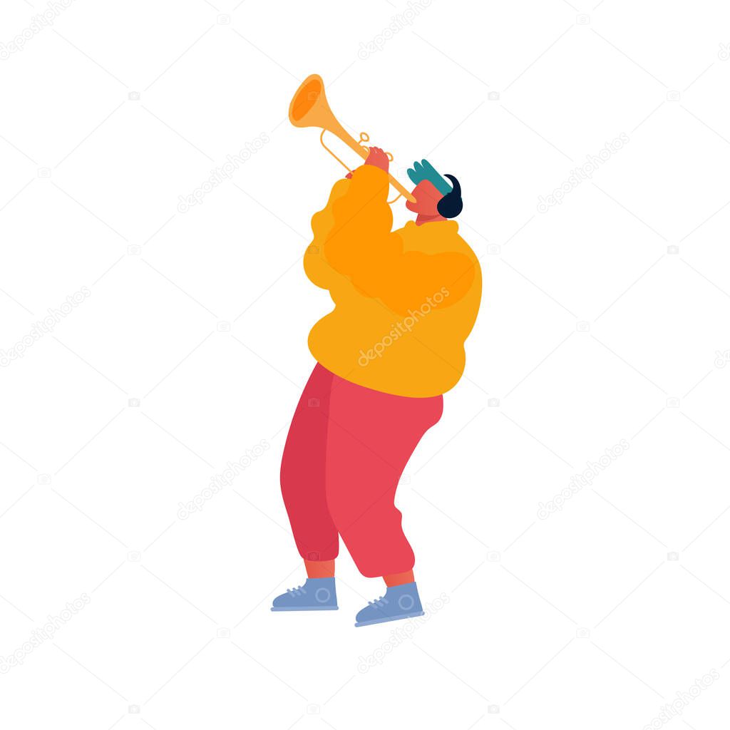 Hipster Musician Performing Show on City Street Playing Trumpet for Pedestrians. Talented Man Play Melody Isolated on White Background. Musical Concert Performance. Cartoon Flat Vector Illustration