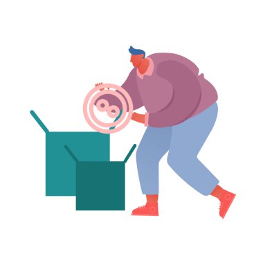 Beyaz arka planda izole edilmiş kumaşa düğme dikmiş bir adam. Hobi ya da Meslek Konsepti. Moda Tasarımcısı Podyum Gösterisi için Yeni Elbise Koleksiyonu Oluştur. Çizgi film Düz Vektör İllüstrasyonu