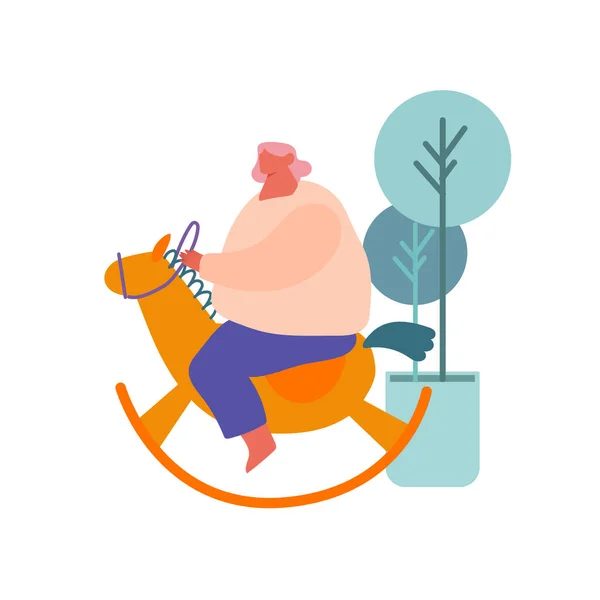 Fat Woman Riding Baby Wooden Horse Toy Isolated on White Background. Childhood Recreation and Playing Activity Concept. Kids Development Kindergarten Elementary School Cartoon Flat Vector Illustration — Stock Vector