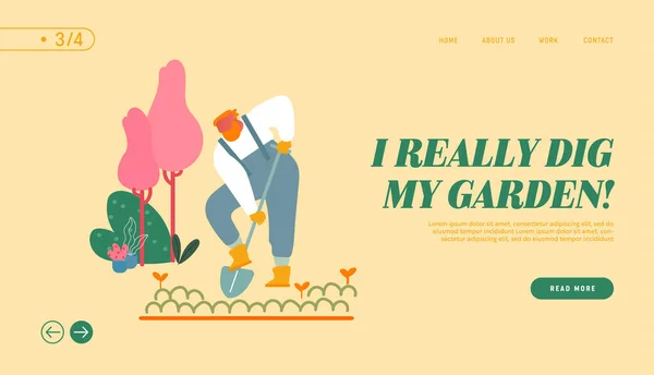 Actieve Outdoor Hobby of Work Website Landing Page. Boer vrouw in Overalls Werken in de tuin Graven Bodem en verzorging van planten in dorp of platteland Web Page Banner Cartoon Flat Vector Illustratie — Stockvector