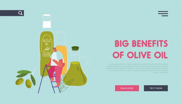 Farmers Natural Oil Product Website Landing Page (en inglés). Tiny Male Character Stand on Ladder at Huge Extra Virgin Olive Oil Glass Bottles and Green Branch Web Page Banner (en inglés). Dibujos animados plana Vector Ilustración — Archivo Imágenes Vectoriales