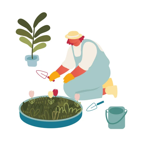 Jonge vrouw tuinier of bloemist Werken in Botanische Tuin of Home Achtertuin Terras Oranjerie Water geven en planten Bloemen. Vrouw Genieten Planten Tuinieren Hobby. Cartoon Flat Vector Illustratie — Stockvector