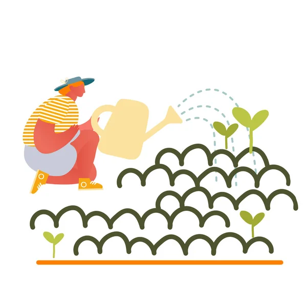 Happy Girl Gardening en casa o en plantas de riego de invernadero de Can. Tarea Mujer Carácter Cuidado de Flores y Hierbas, Horticultura y Olericultura Hobby Cartoon Flat Vector Illustration — Archivo Imágenes Vectoriales