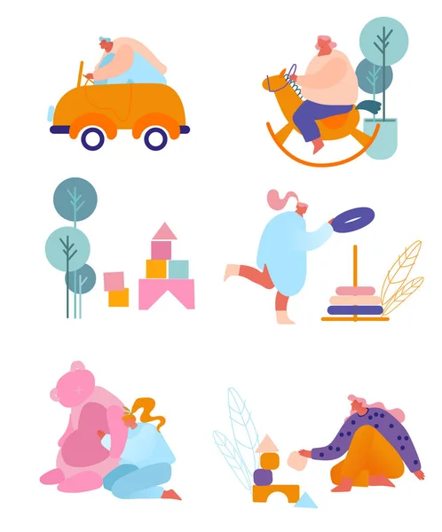 Люди с игрушками для детей. Крошечные персонажи, держащие разные вещи для детей лесной лошади, Тедди Медведь блоки пирамиды, автомобиль. Baby Shower and Arrival, Childhood and Cartoon Flat Vector — стоковый вектор