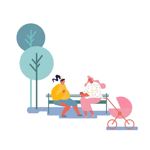 Happy Women Spend Time Together Sitting on Bench Outdoors and Chatting, Meeting Friends Lifestyle. Girl with Baby Stroller Maternity Parenthood. People Spare Time. Cartoon Flat Vector Illustration — Stock Vector