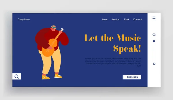 Jovem Tocando Guitarra Acústica Site Landing Page. Músico Personagem Guitarrista Leitor de Música Realizando na Rua Desenhos Animados Flat Vector Ilustração Página Web Banner Desenhos Animados Flat Vector Ilustração — Vetor de Stock