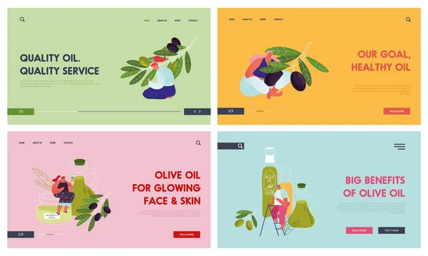 Olive Products Website Landing Page Set. People Growing Caring Harvesting Olive Trees for Production Pure Virgin Oil and Cosmetics. Eco Healthy Food Web Page Banner. Cartoon Flat Vector Illustration — Stockvector