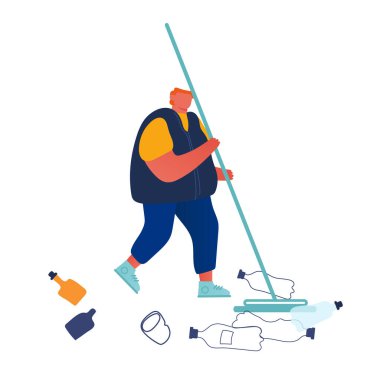 Geri dönüşüm, Ekoloji Koruma Konsepti. Çöpü Yerden Çıkaran Adam. Erkek Karakter Dünya yüzeyini tırmıkla temizliyor