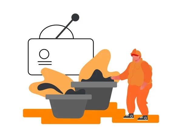 Trabalhador da indústria de metalurgia no suporte uniforme de trabalho em recipientes com matéria-prima de inspeção de minério antes da fabricação —  Vetores de Stock