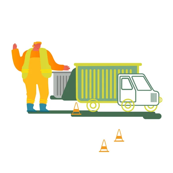 Aasfresser in Uniform, der auf weißem Hintergrund isoliert Abfall zu Lastwagen sammelt. Müllmann sammelt Müll und Abfall — Stockvektor