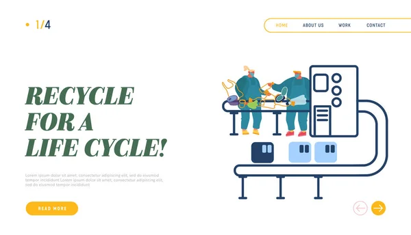 Wytwarzanie śmieci, Eco Protection Website Landing Page. Odpady Pracownicy recyklingu w szacie wybrać i sortować — Wektor stockowy
