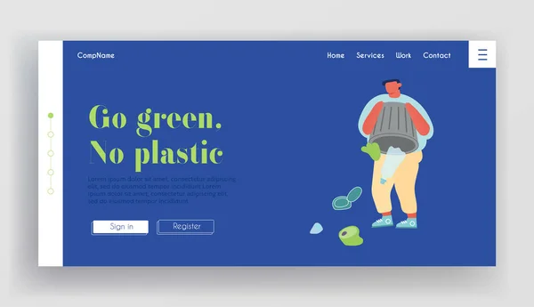 Ecologia Ambiente Proteção Site Landing Page. Homem despejando lixo no solo ou na água Trowing Lixo — Vetor de Stock