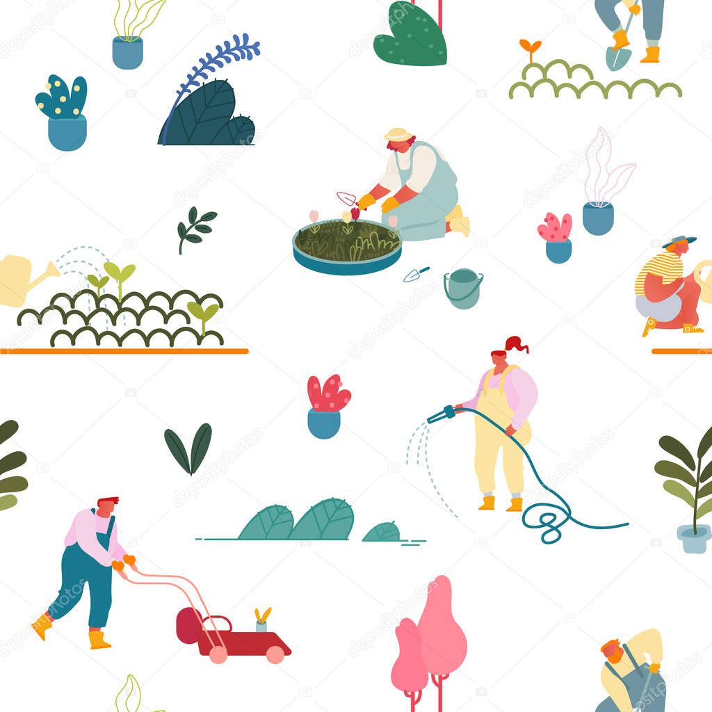 Seamless Pattern with Gardening People Planting and Caring of Trees and Plants in Garden on White Background
