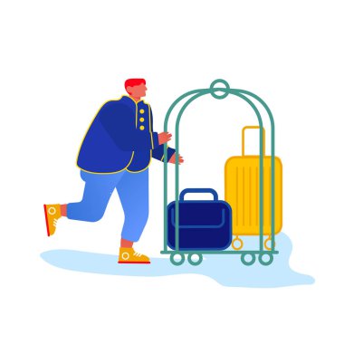 Belboy, belboy ya da valizli valiz taşıyan valiz taşıyıcısı, beyaz arka planda izole edilmiş mavi üniformalı otel personeli karakteri. Misafir ağırlama servisi ile görüşeceğim. Çizgi film Düz Vektör İllüstrasyonu