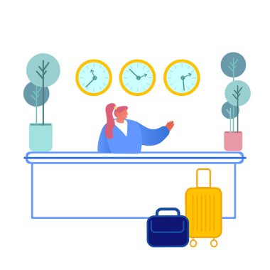 Otel resepsiyonu. Bayan Resepsiyonist Karakteri Masanın Arkasında Konuklara Oda Anahtarı Verin. Modern Motel Lobisi İçi. Konukseverlik İş Gezisi. Çizgi film Düz Vektör İllüstrasyonu