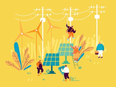 Sürdürülebilir Enerji Geliştirme, Çevre ve Ekoloji Koruma Konsepti. İnsan hayatına yeni teknolojiler entegrasyonu. Yeşil Enerji Çizgi Filmi Düz Vektör Resimleri İçin Güneş Panelleri ve Yel Değirmenleri