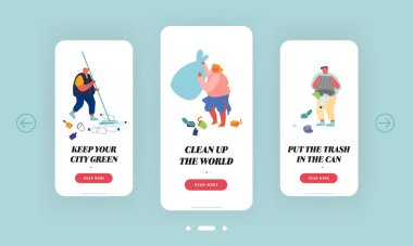 İnsanlar Çöp Atma ve Toplama Mobil Uygulama Sayfası Ekran Seti. Gönüllüler çöpleri poşetlere doldurur. Çöp Kirliliği Gezegeni Web Sitesi veya Web Sayfası Düz Vektör İllüstrasyonu