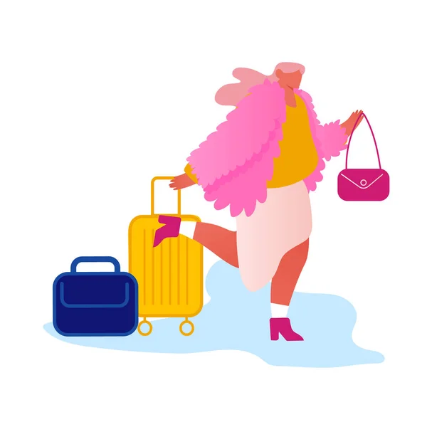 Happy Fashioned Woman Traveler with Luggage Inn to Hotel for Night. Young Female Guest with Baggage Going to Rent Apartment for Leisure. Traveling Tourist on Vacation. Cartoon Flat Vector Illustration — Stock Vector