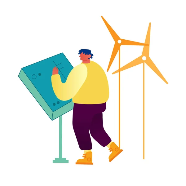 Unge man står på Panel Controlling Work of Windmills Isolerad på vit bakgrund. Förnybara resurser, grön energiproduktion, miljöskyddskoncept. Tecknad platta vektor Illustration — Stock vektor