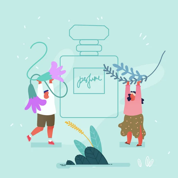 Parfumeurs creëren nieuwe parfumsamenstelling concept. Kleine man en vrouw brengen ingrediënten kruiden naar Enorme Sprayer fles met toilet water. Parfumerie Industrie Cartoon Flat Vector Illustratie — Stockvector