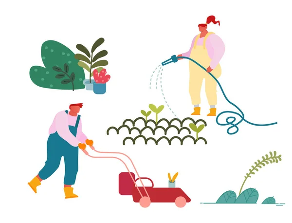 Счастливые персонажи, работающие в Летнем саду. Мужчина стрижет лужайку, женщина-фермер или садовник сажает и заботится о растениях и поливает цветы. Садоводческое хобби или занятие. Мультипликационный вектор — стоковый вектор